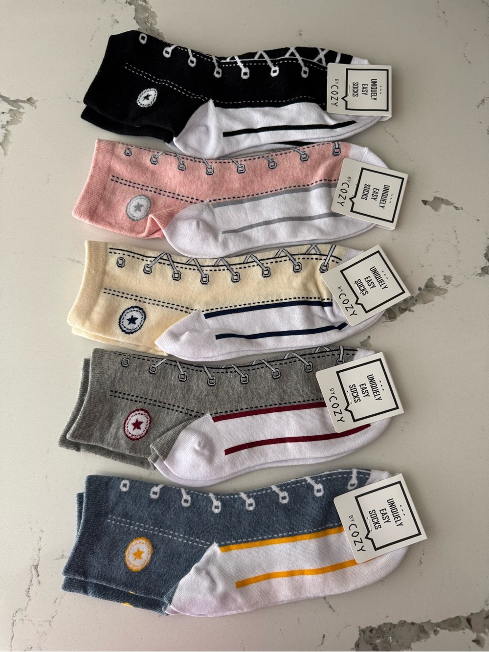 Cozy Faux Sneaker Socks - 5-Pack (Black, Pink, Cream, Gray, Blue)